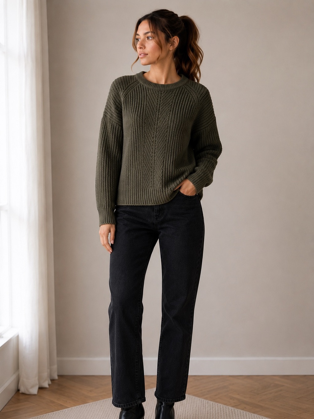 Calvin Klein Olive Green Rib Knit Cotton Blend Sweater Small
